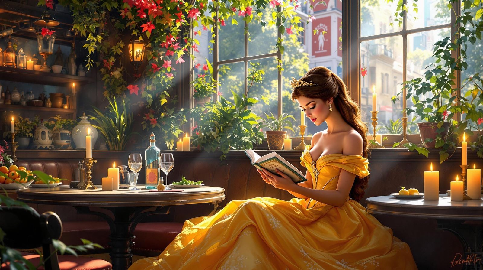 Glamorous Princess Belle Sits in a Vibrant Bistro Scene