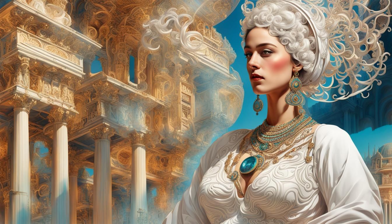 Lysistrates"(Maximalism:2.0), (filigree:1.9), (milgrain:1.8) :: close shot of a {Stunningly beautiful voluptuous ancient...