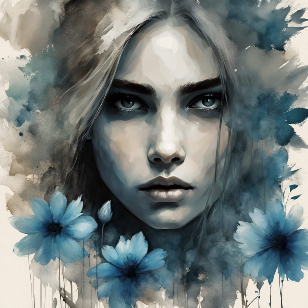 Mysterious Woman Portrait in Gouache Watercolor Style