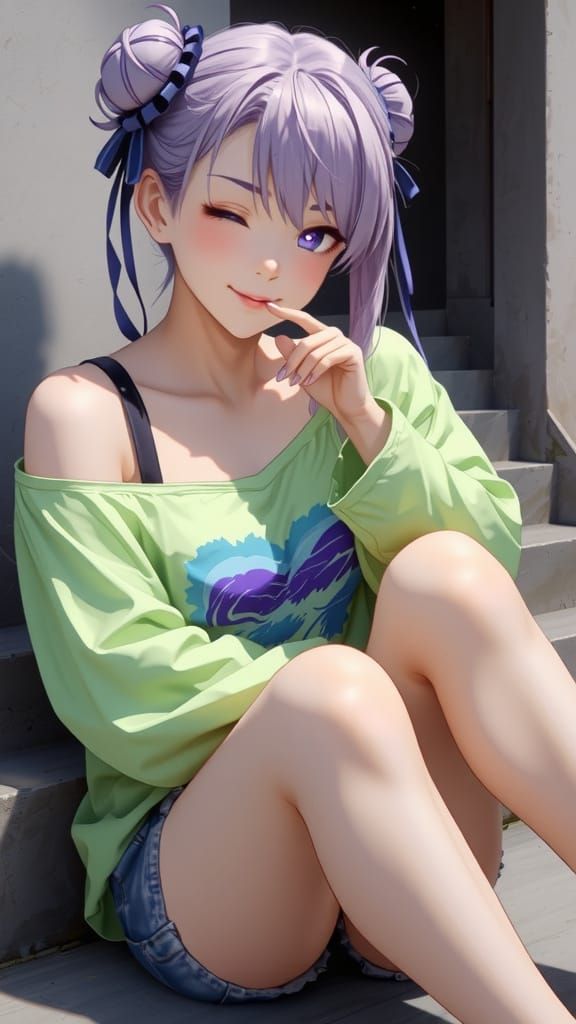 Anime Girl with Purple Hair Blowing Kiss