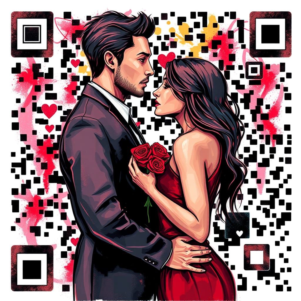 St. Valentine's Day Couple in Abstract Binary QR Code Art