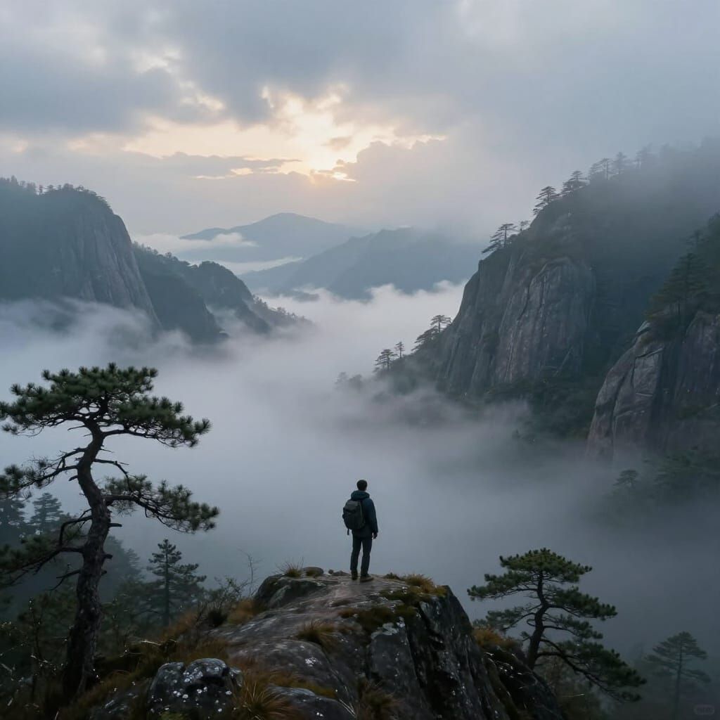 Hiker Gazes Over Ethereal Valley in Romantic Landscape Style