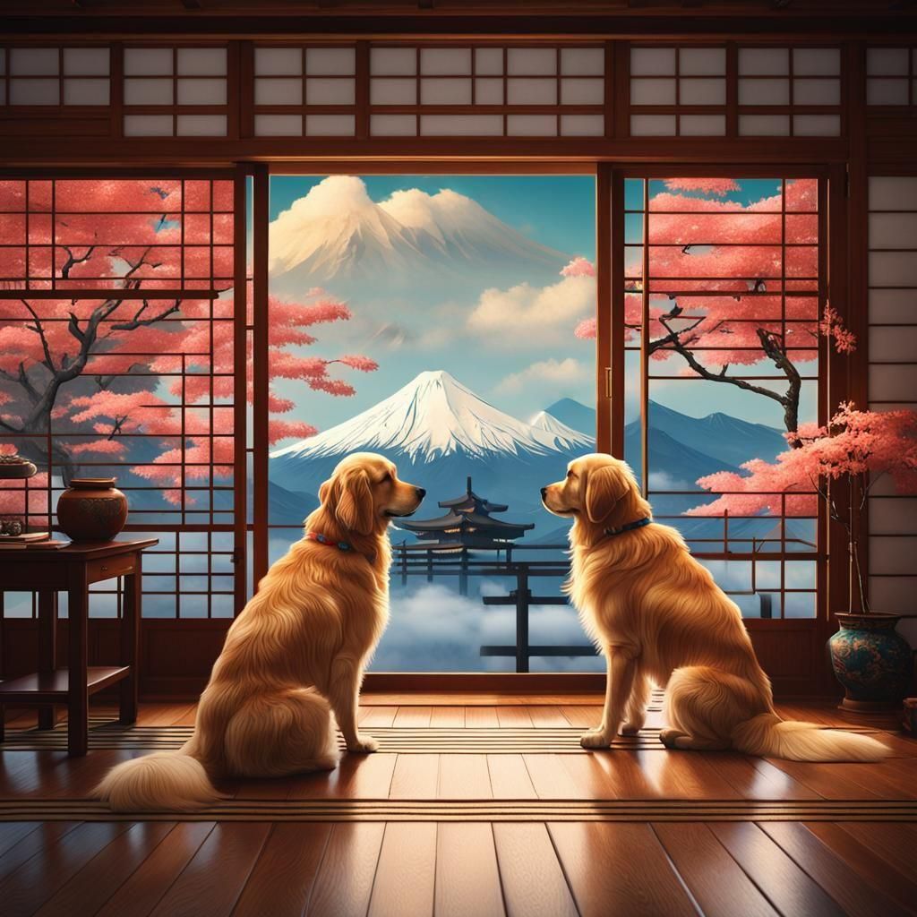 Golden Retrievers Gaze at Mount Fuji: Detailed Matte Paintin...