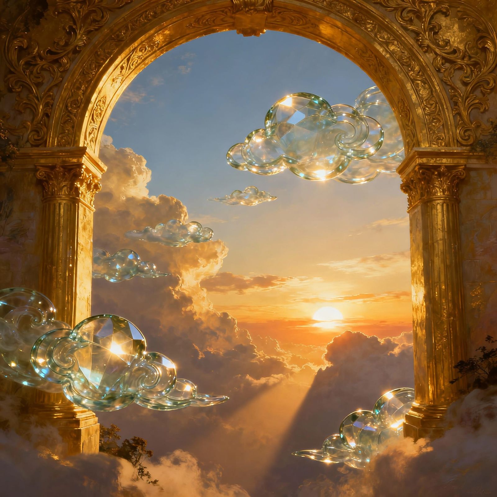Golden Archway to Glass Clouds Under Sunset Sky
