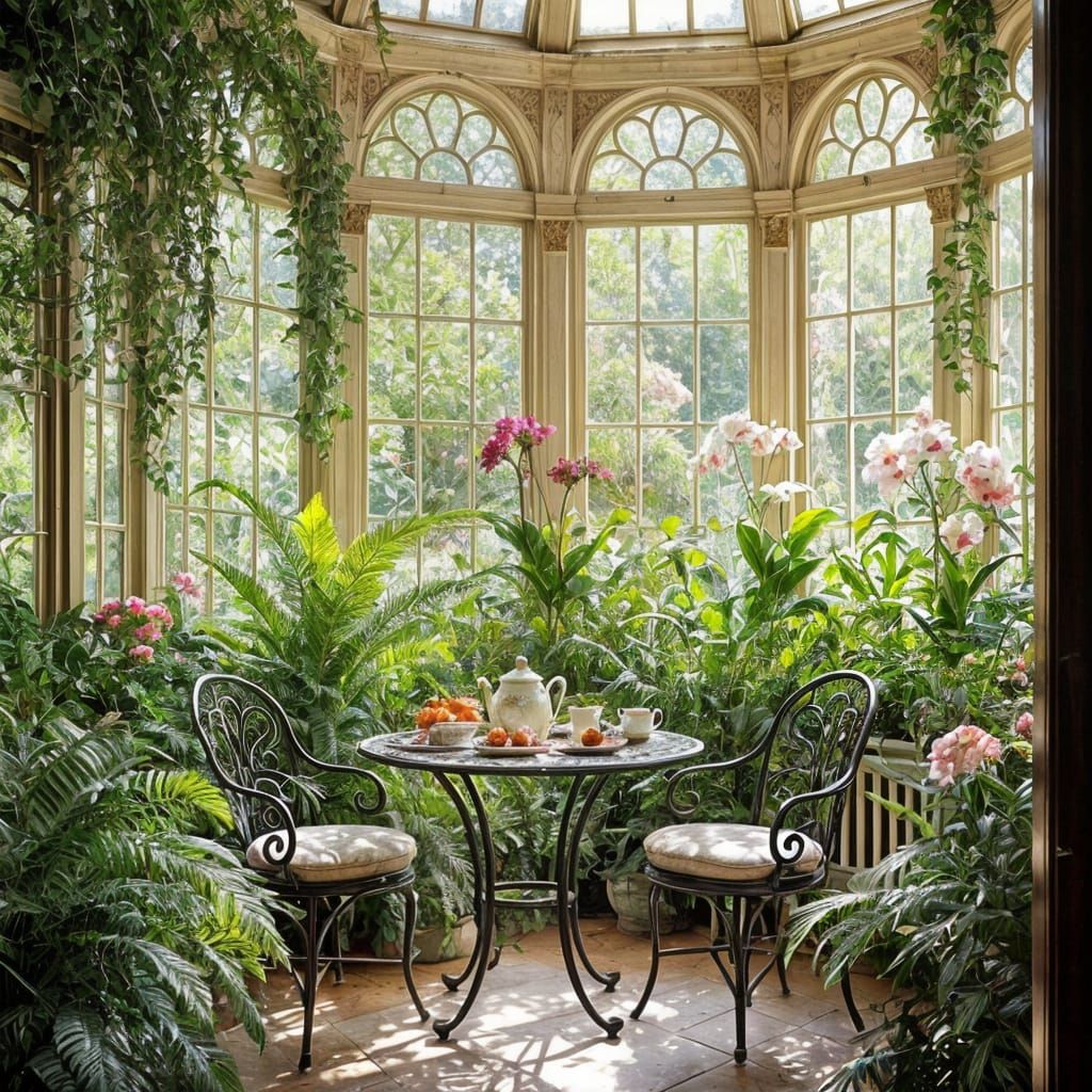 Victorian Conservatory with Tea, in Impressionist Style