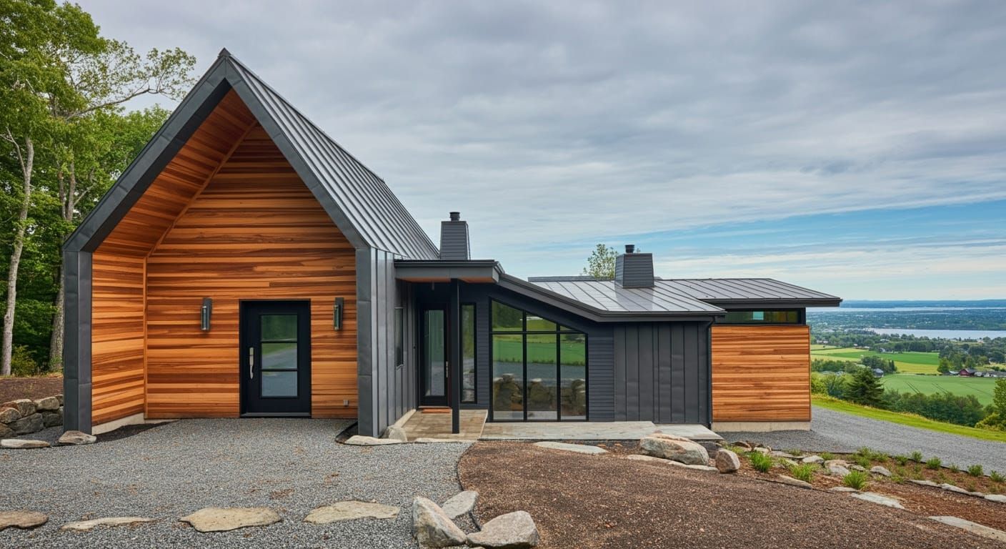 Modern House with Wooden and Metal Exterior in a Scenic Land...