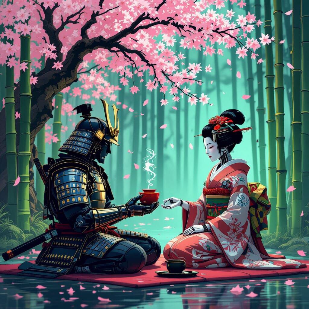 Samurai and Geisha in Bioluminescent Cyberpunk Ukiyo-e Scene