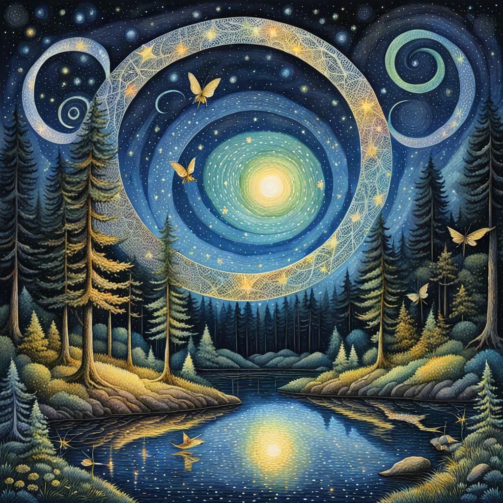 Firefly Fairies Dancing in Moonlight: Pointillism Watercolor