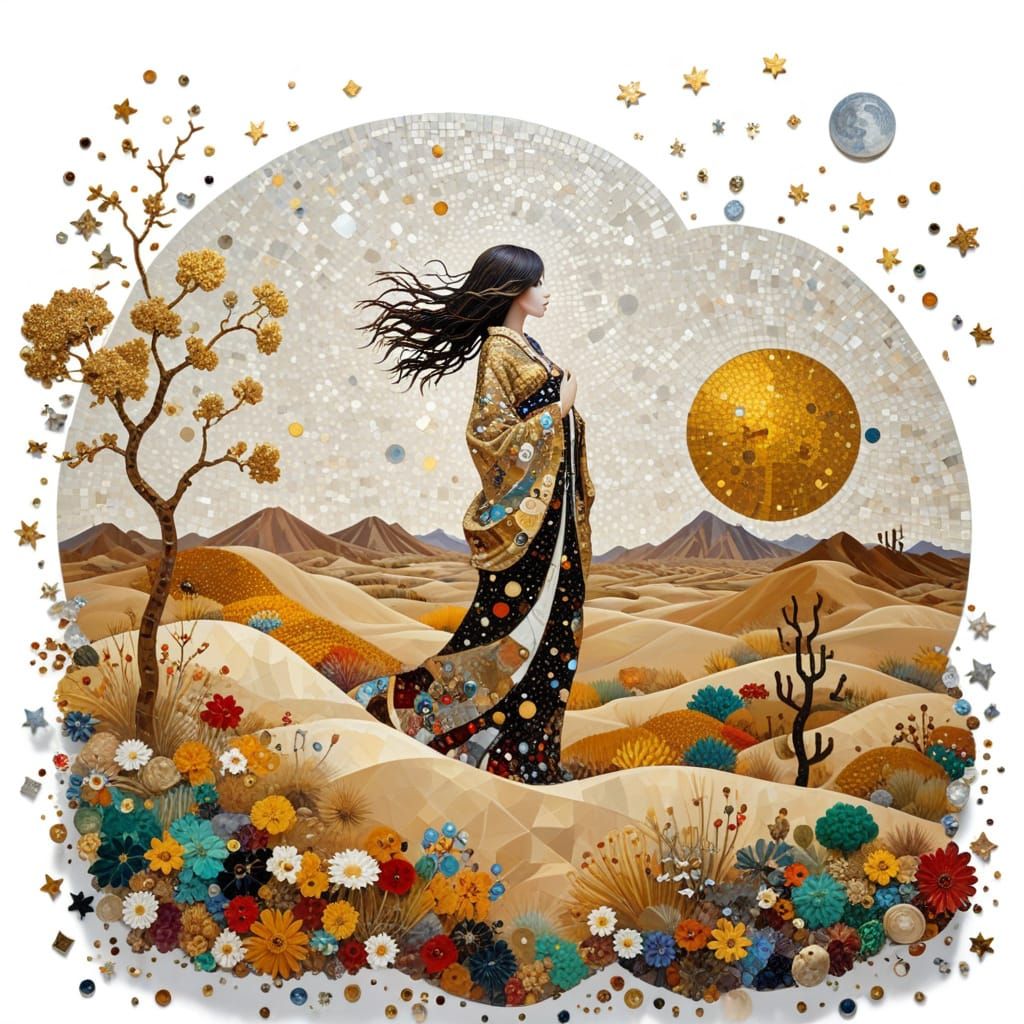 Desert Dunes Under Starlight, Klimt Mosaic Style