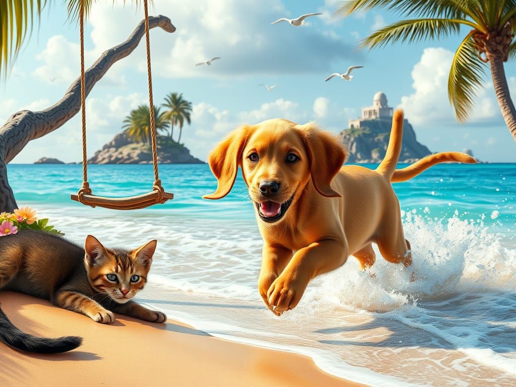 Golden Vizsla Puppy Invites Play on a Mediterranean Beach