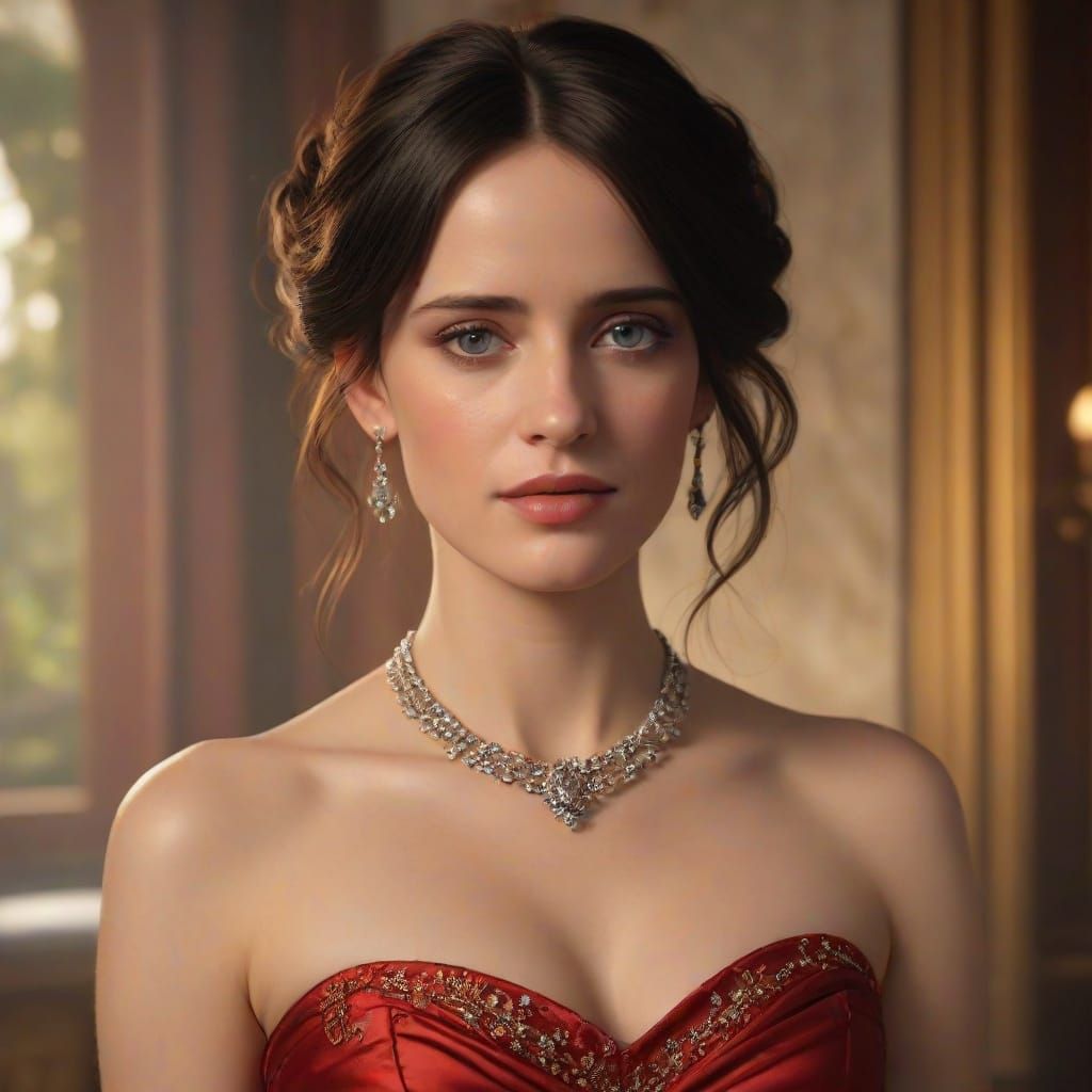 Elegant Ruby Red Portrait of a Woman in Luxurious Setting