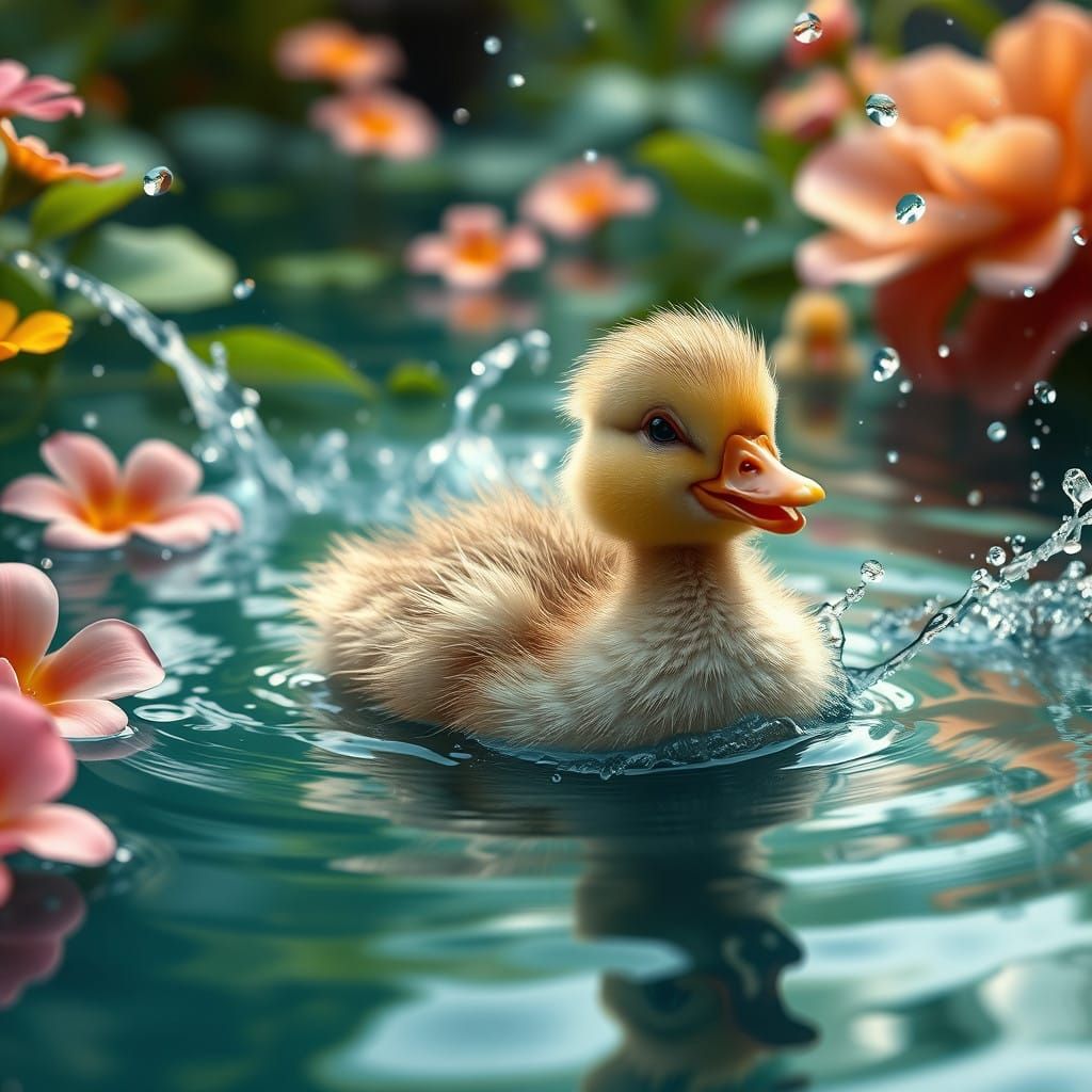 Serenely Splashing Baby Duck in Vibrant Pool Paradise