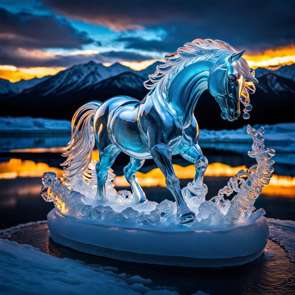 Spectacular Ice Horse Sculpture on Abraham Lake