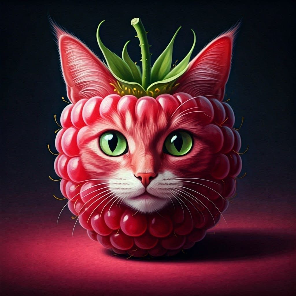 Whimsical Surreal Cat-Raspberry Hybrid