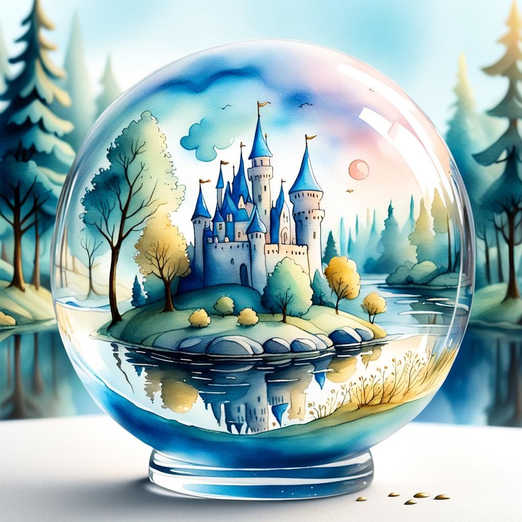Miniature Fantasy World in Glass Ball, Watercolor Sketch
