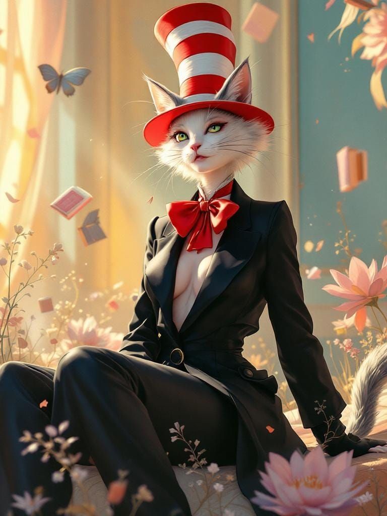 Elegant Feline-Human Hybrid in Dreamy Digital Art