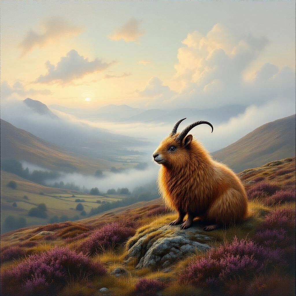 Majestic Wild Haggis on Scottish Highland Hillside at Dawn
