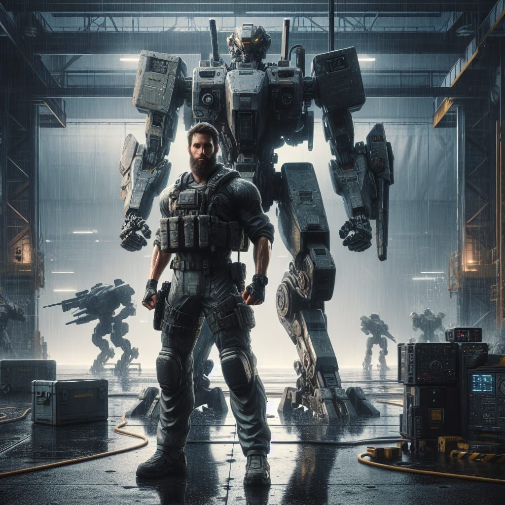 Bearded Mech Pilot in Rainy Hangar with Combat Robot