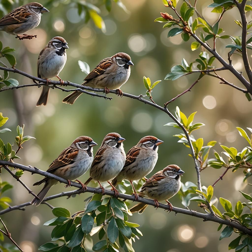 Happy Sparrows in Gentle Morning Light: Macro Wildlife Photo...