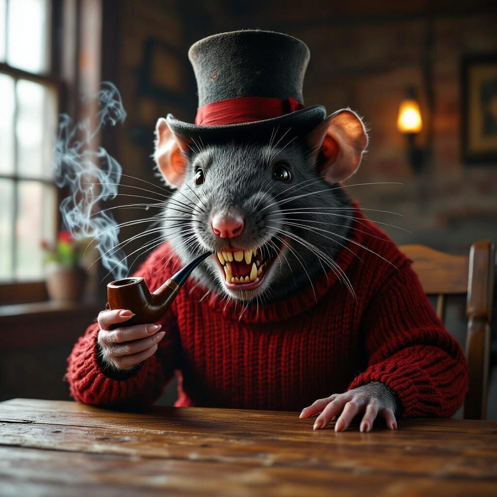 Gigantic Rat in Tattered Sweater Holds Smoking Pipe