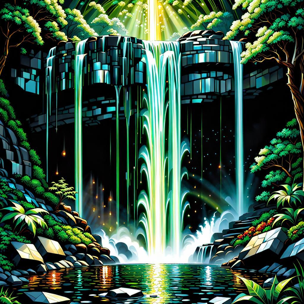 Gemstone Mosaic Waterfall Wall Art in Comic Book Style