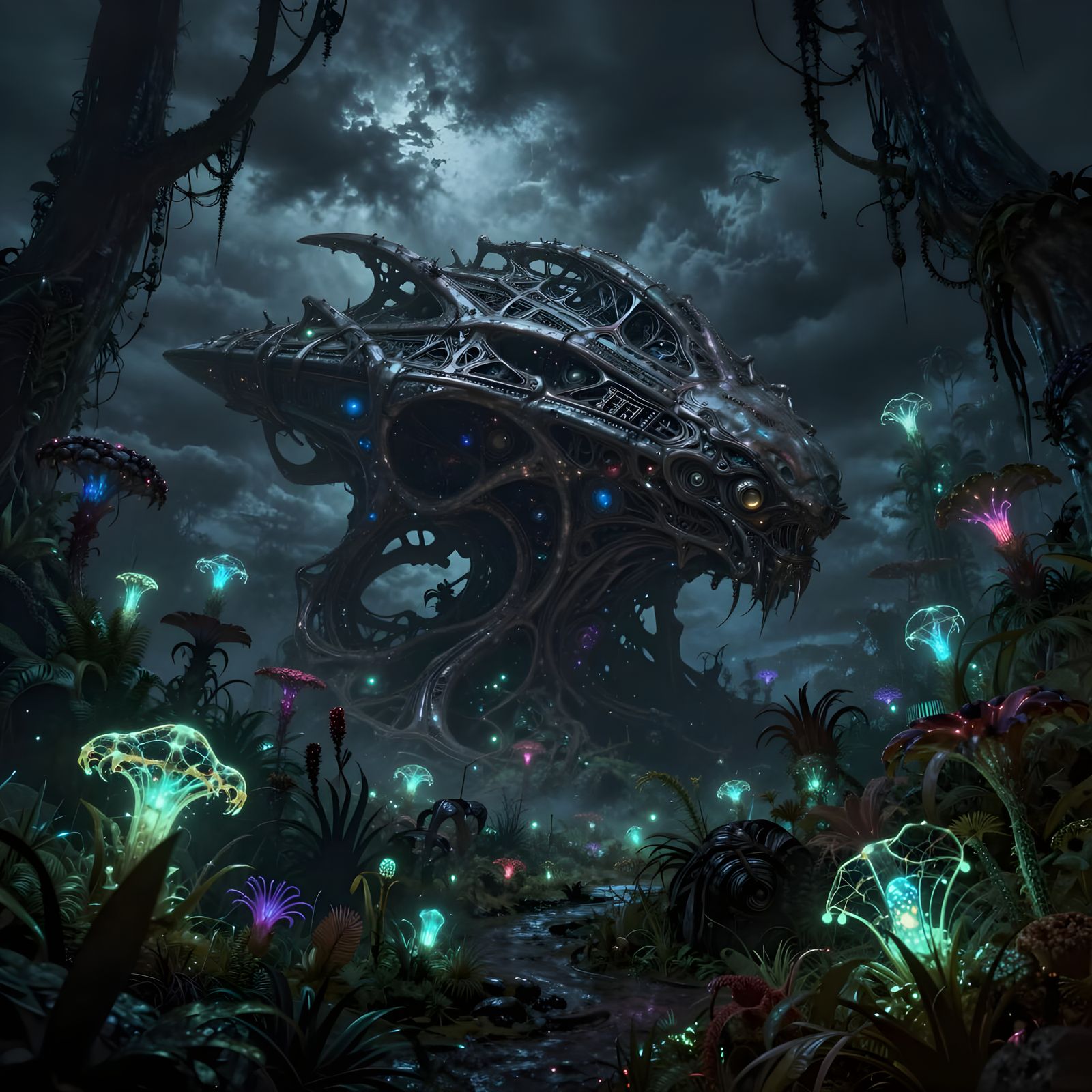 Alien Jungle With Glowing Plants and Spaceship