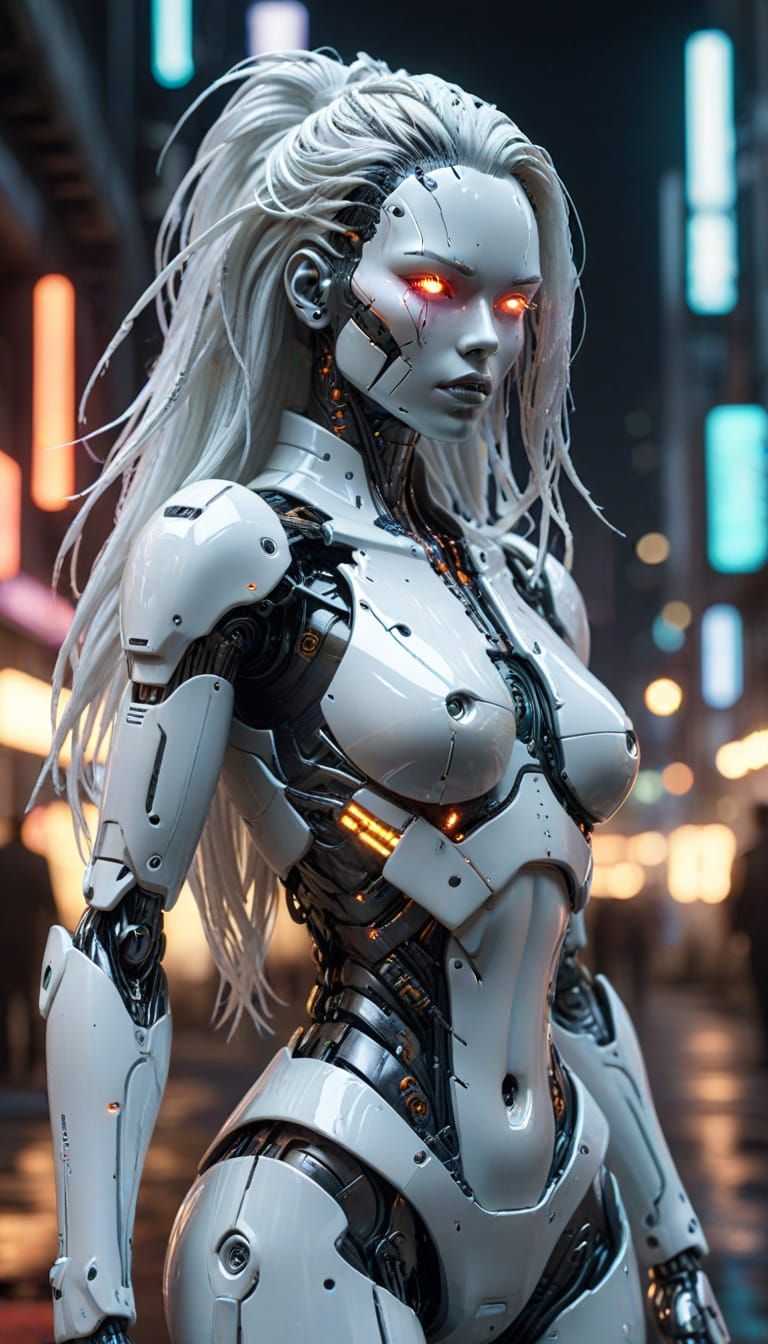 Frightening Gynoid Robot in Cyberpunk Cityscape