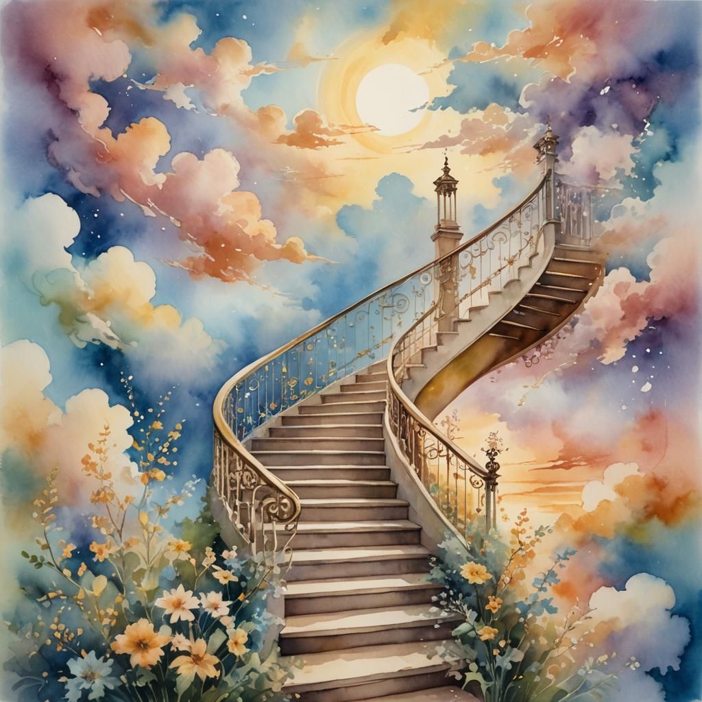 Lace Staircase Ascends to Cloud Sky: Watercolor Painting