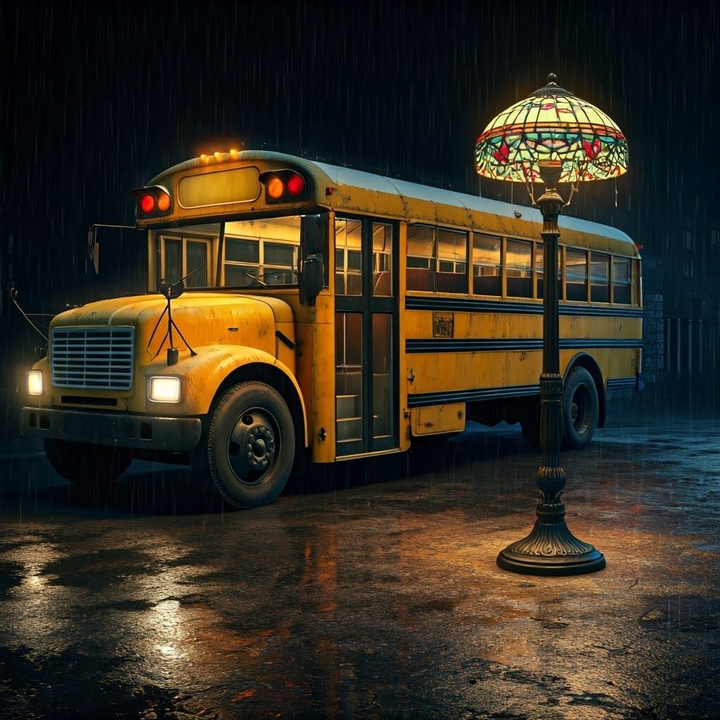 Surreal Rainy Night Bus Stop with Tiffany Lamp