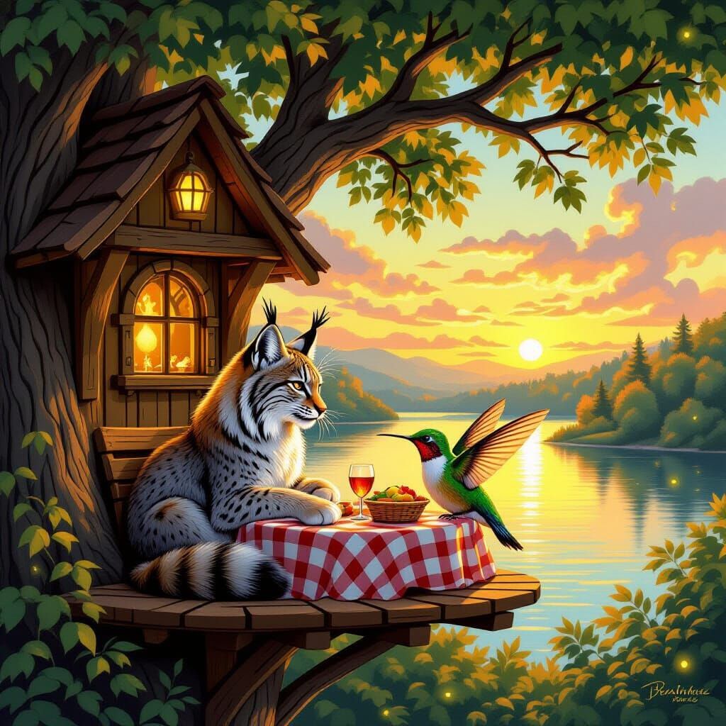 Lynx and Hummingbird Date in Lakeside Treehouse at Sunset