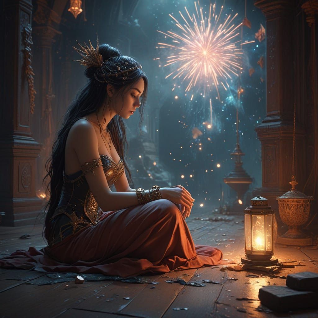 Fantasy Figure in Mystic Chamber Amidst Firework Show