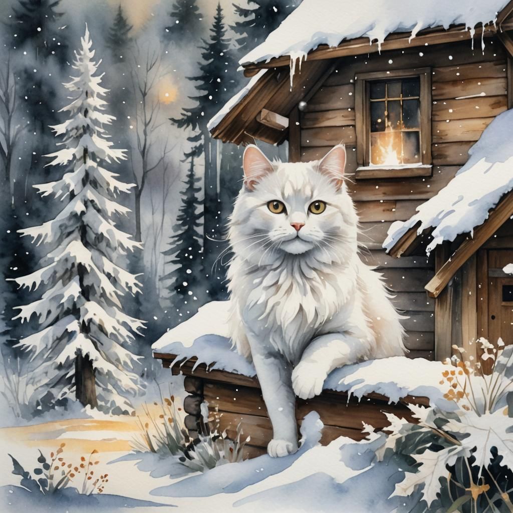 White Cat Playing in Snowy Winter Wonderland