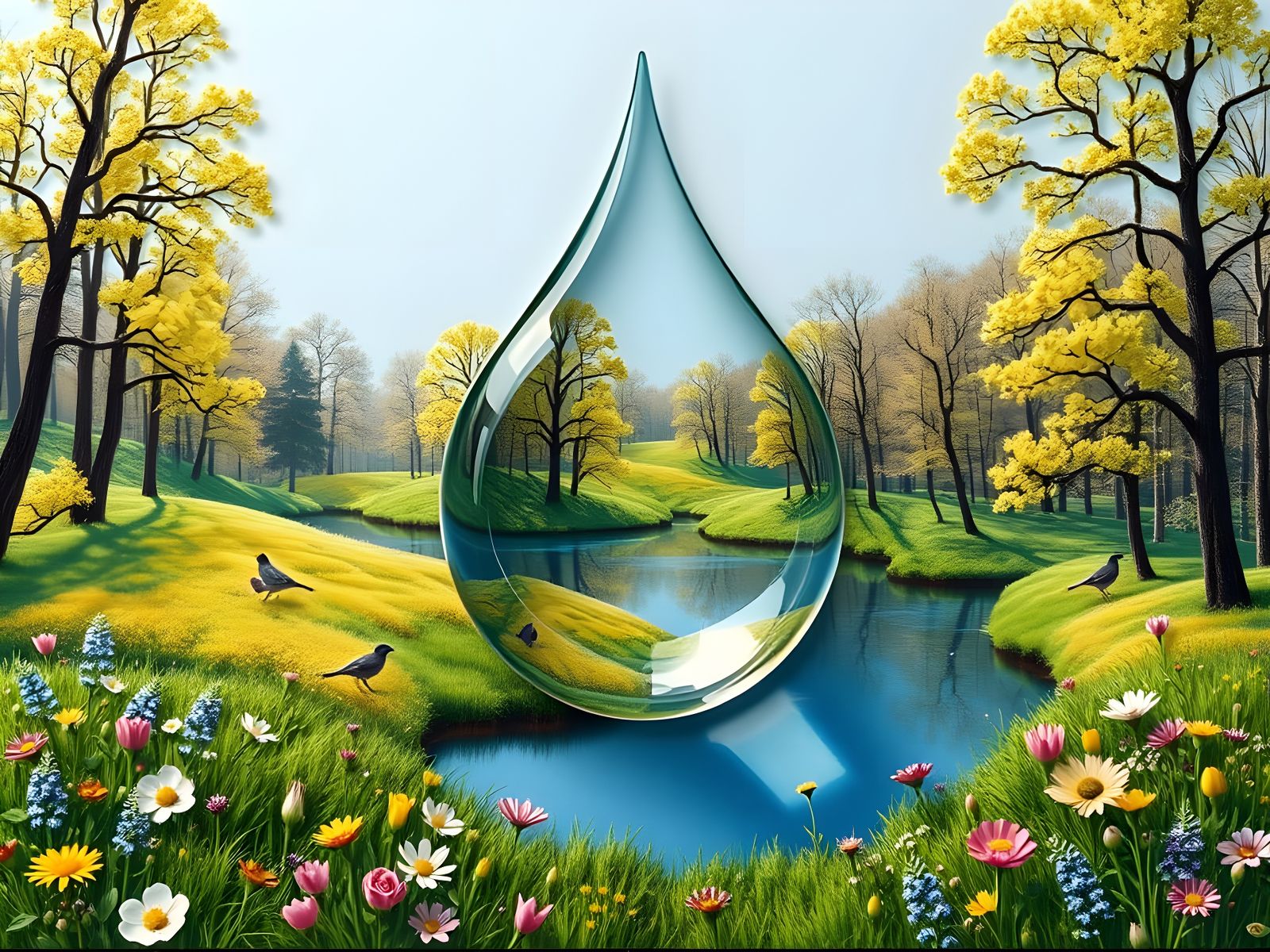 Vibrant Spring Meadow Scene in the Forest with Lake and Hear...