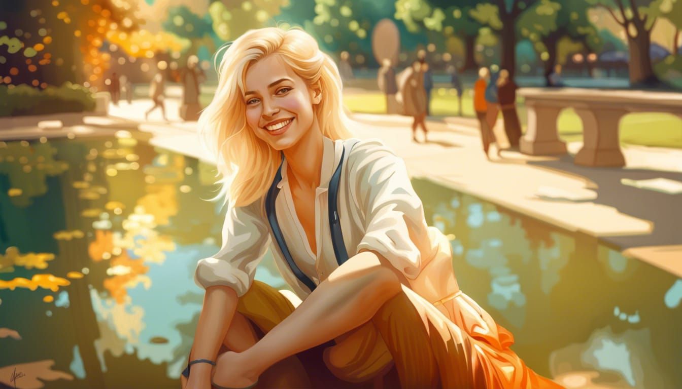 Beautiful Blonde Girl Portrait in Park, Volumetric Lighting