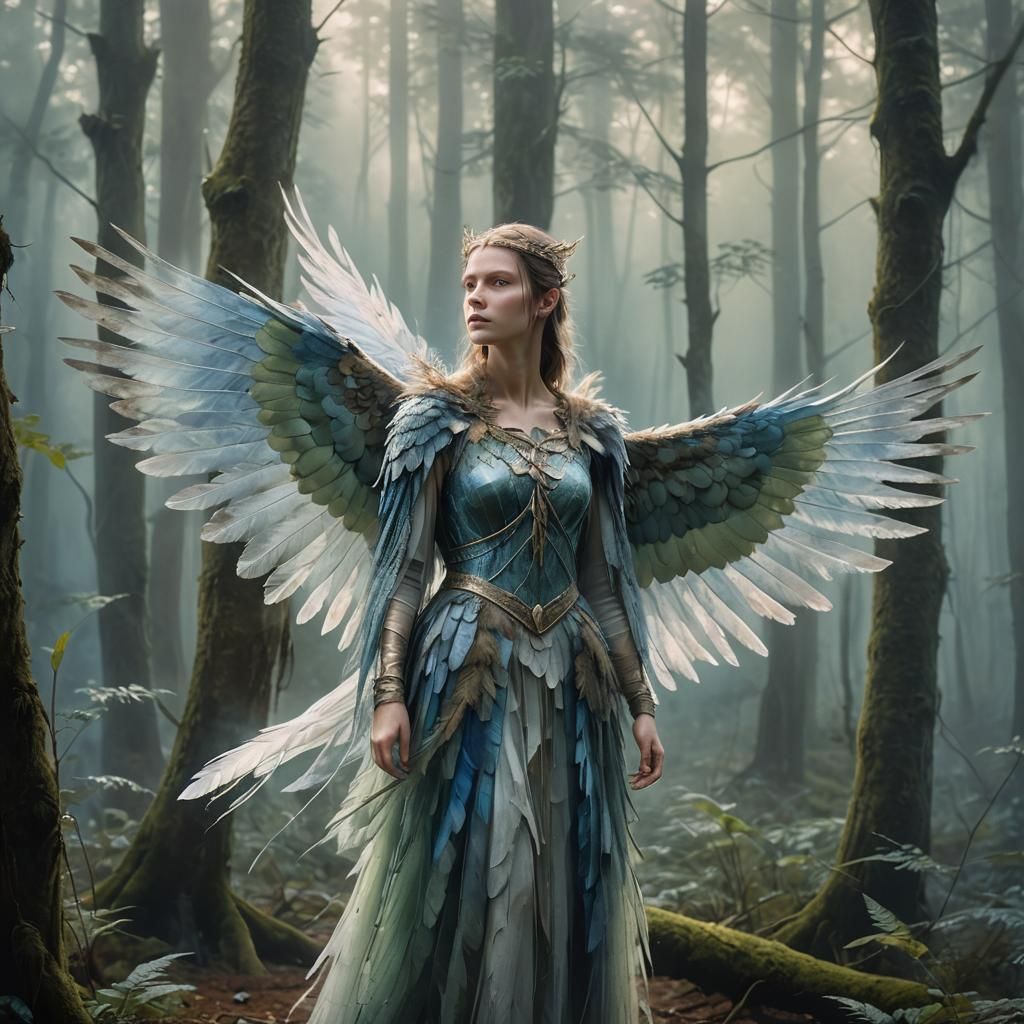 Bird Woman in Misty Forest, Fantasy Illustration