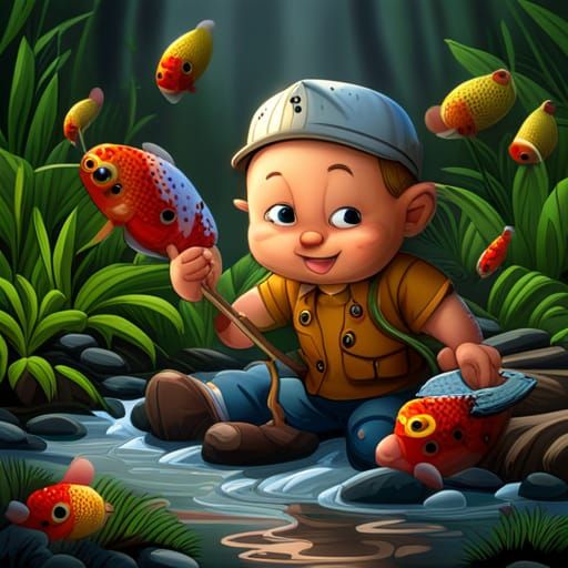 Baby Elmer Fudd with Koi Fish in Candy Art Style