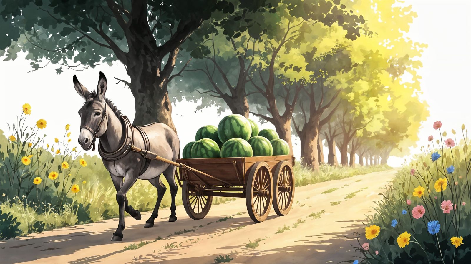 Whimsical Donkey in Watercolor Landscape