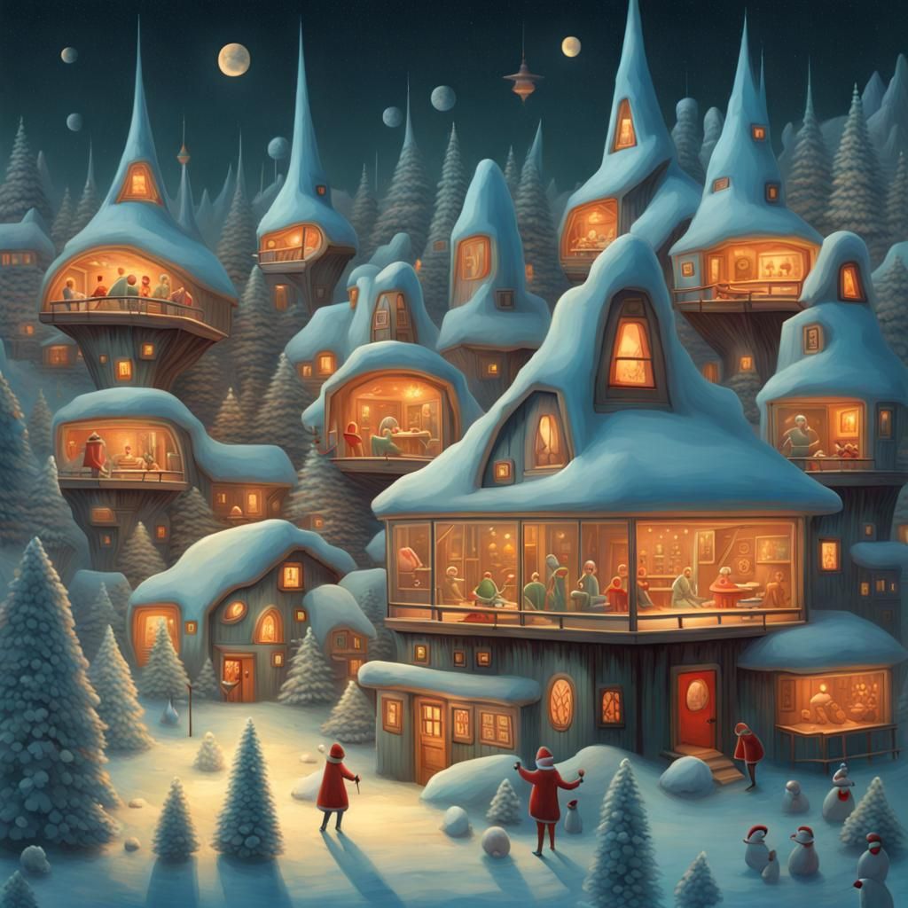 Eerie Christmas Bungalows in Surrealist Style