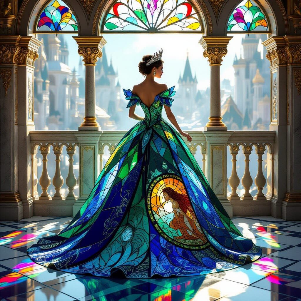 Queen in Stained Glass Gown on Crystalline Balcony