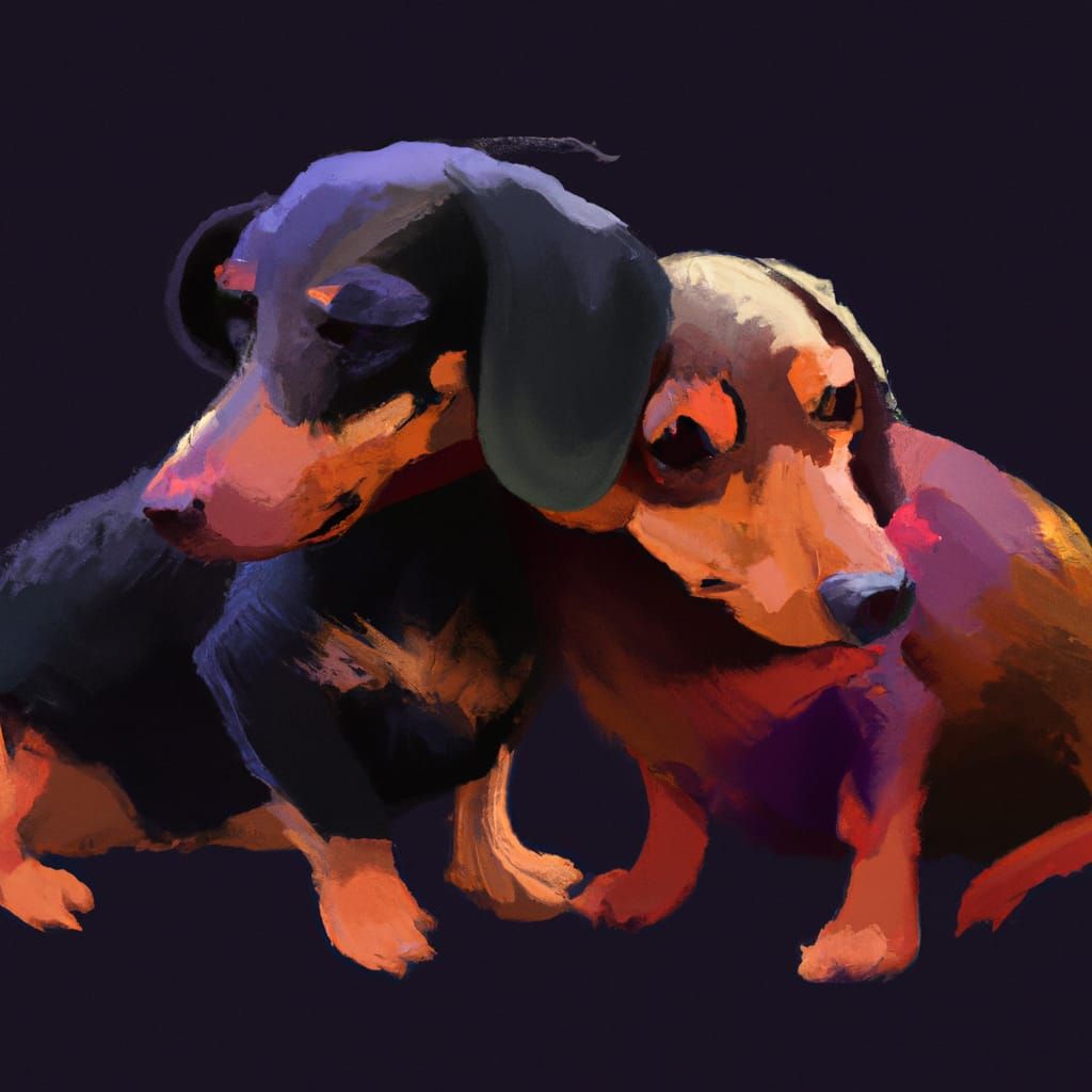 Cuddling Dachshund Lovers in Vibrant Triadic Colors