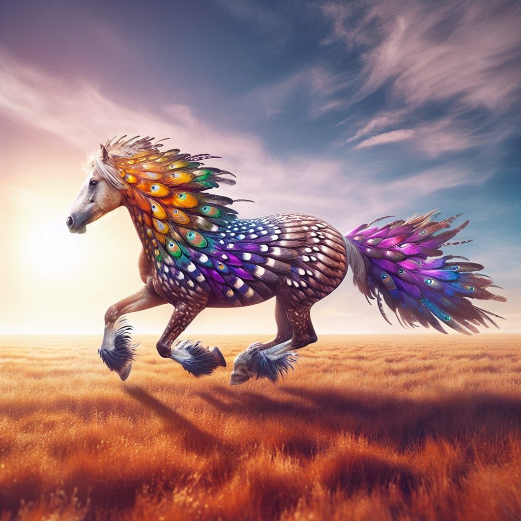 Horse with feathers running! Mustang!