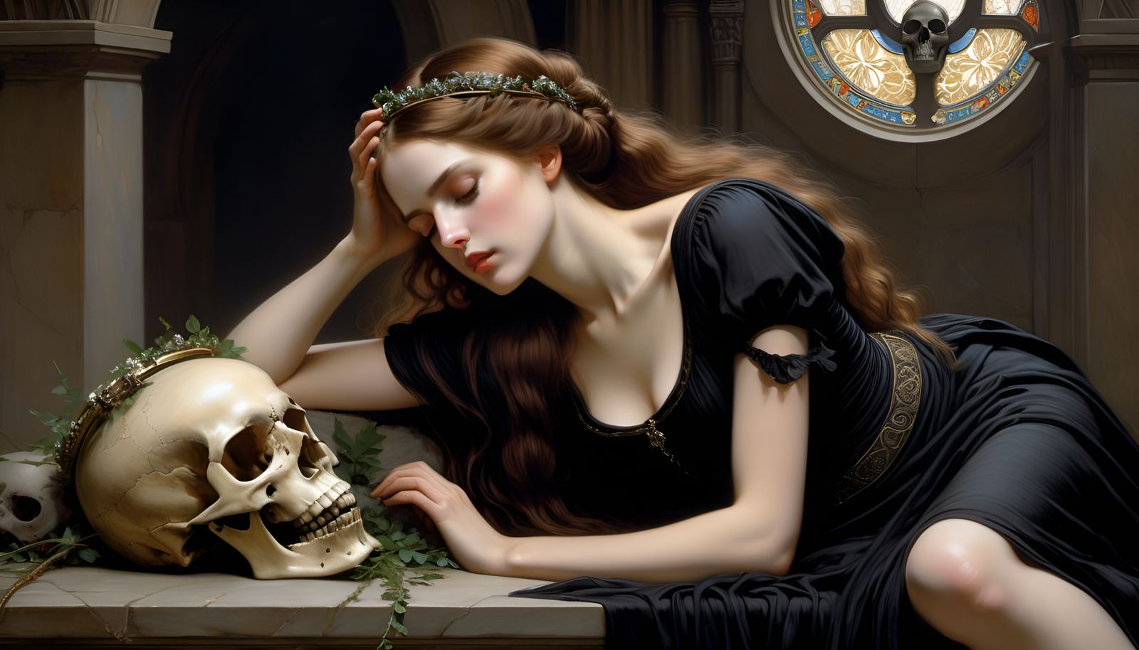 Gothic Woman Reclining in Pre-Raphaelite Style