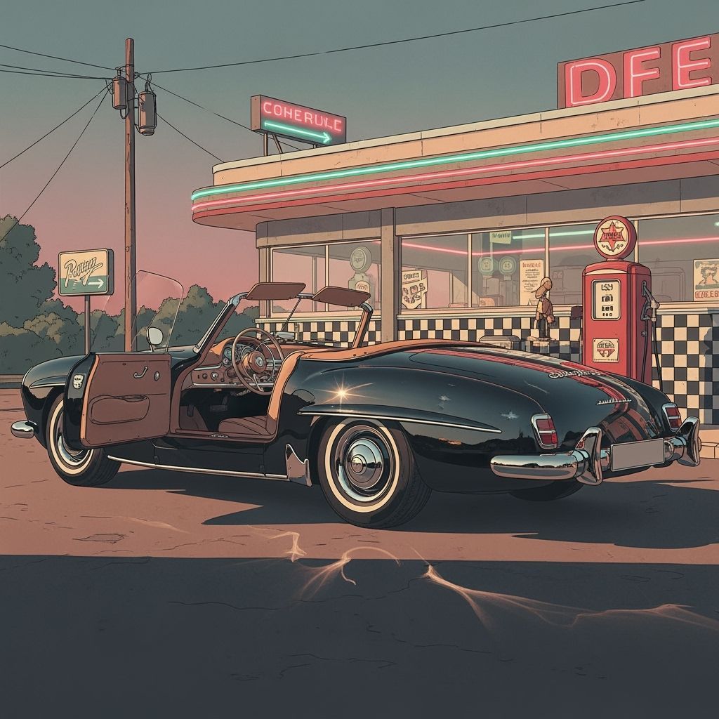 Classic Diner Scene with Black Mercedes in Retro Style