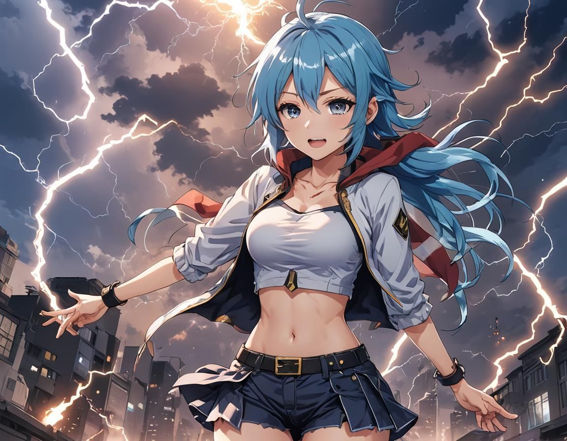 Anime Girl with Lightning Magic and Blue Hair