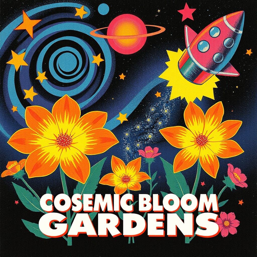 Cosmic Bloom Gardens 1960s Retro Travel Poster