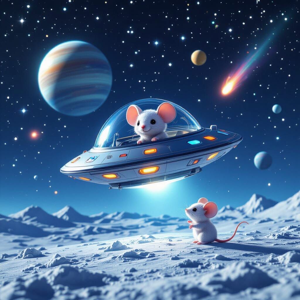 Hyperrealistic Chibi Mouse in UFO on the Moon