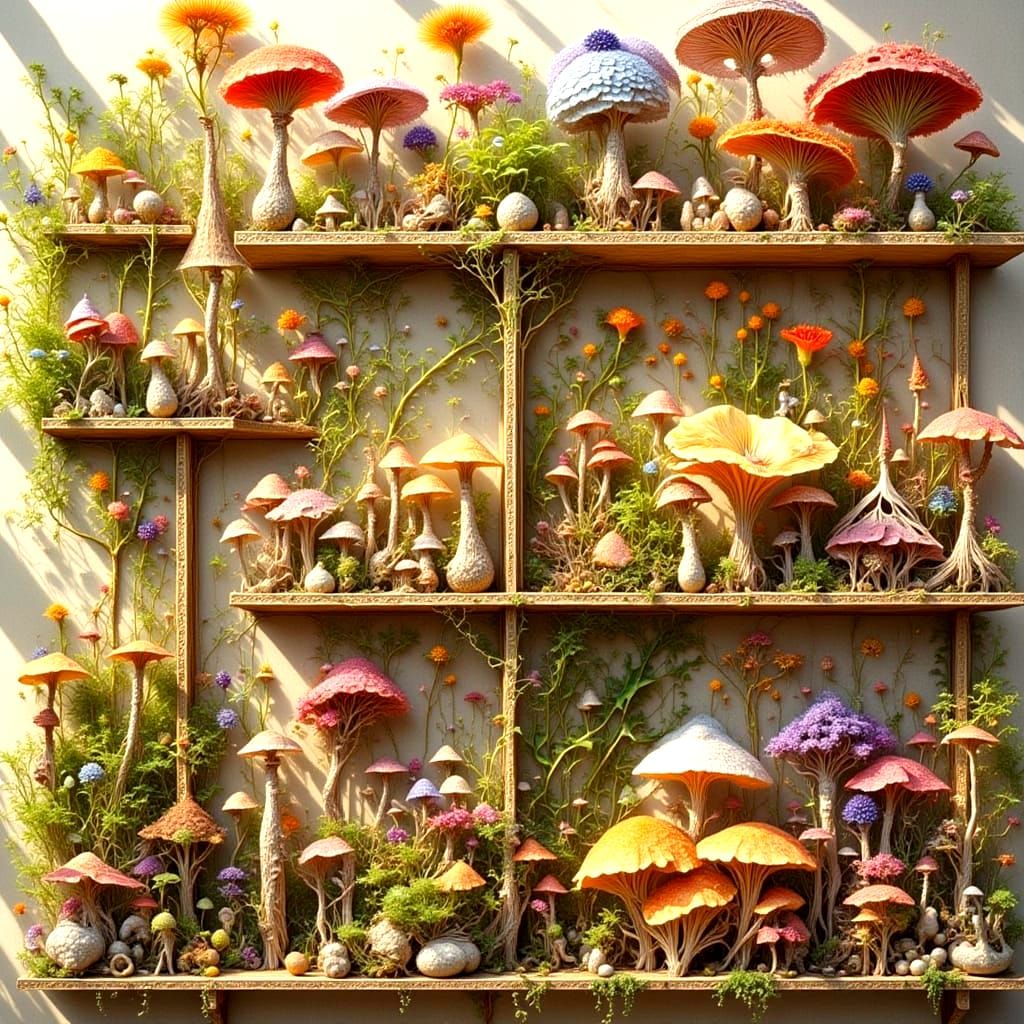 Botanical Product Display with Mushrooms in Fractal Style