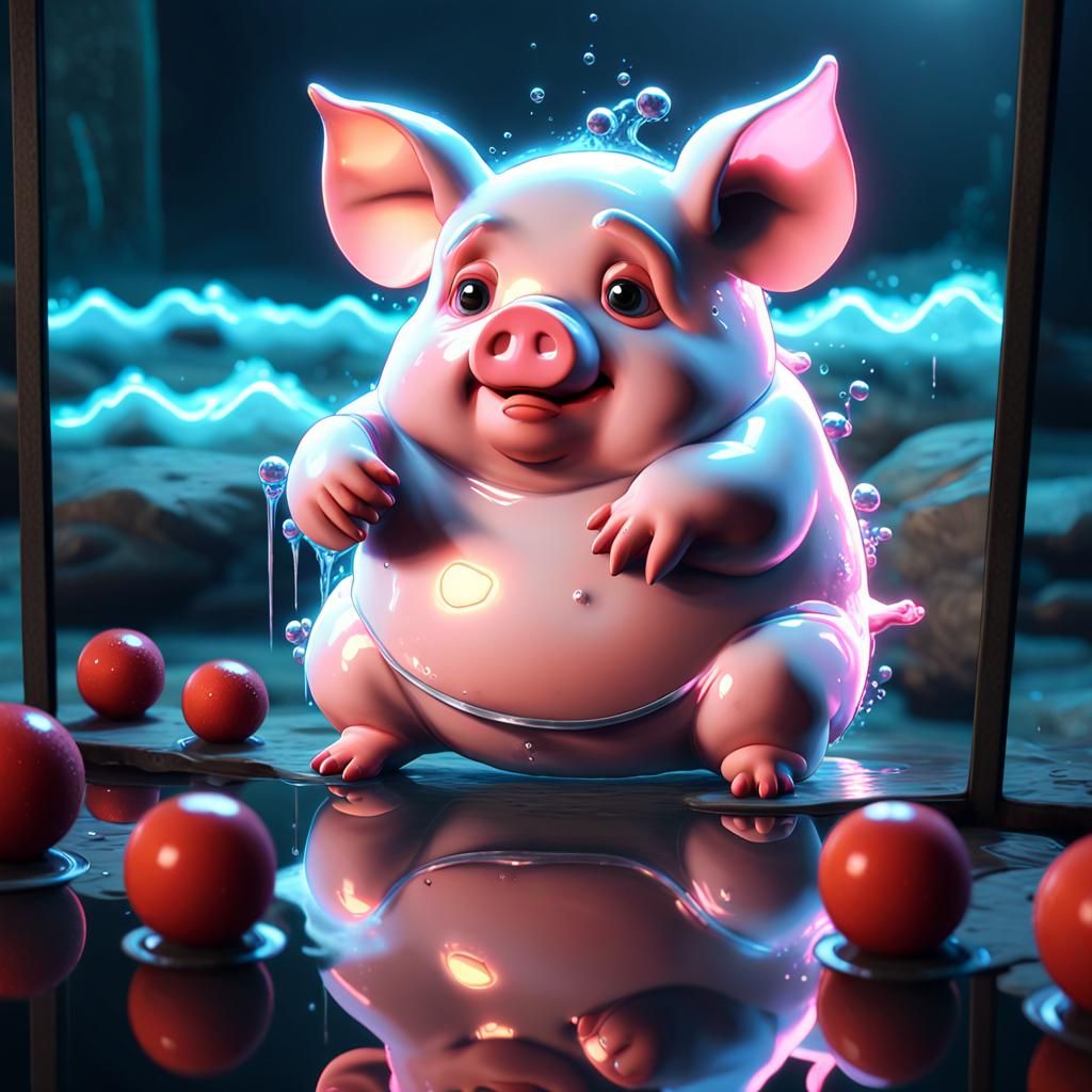 Fat little fury pig seeing his reflection in  water first time,vapor waves ,music neon glow make ghost vapor oil on wate...