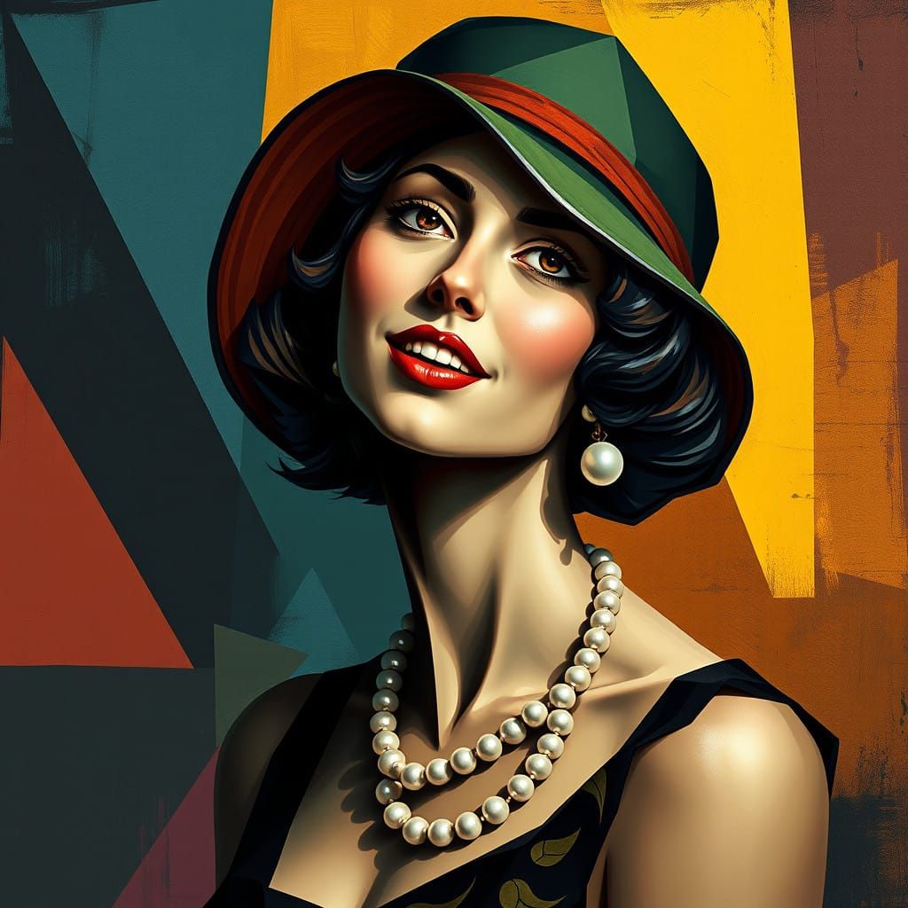 Cubist Flapper Portrait in Vibrant Oil Painting Style