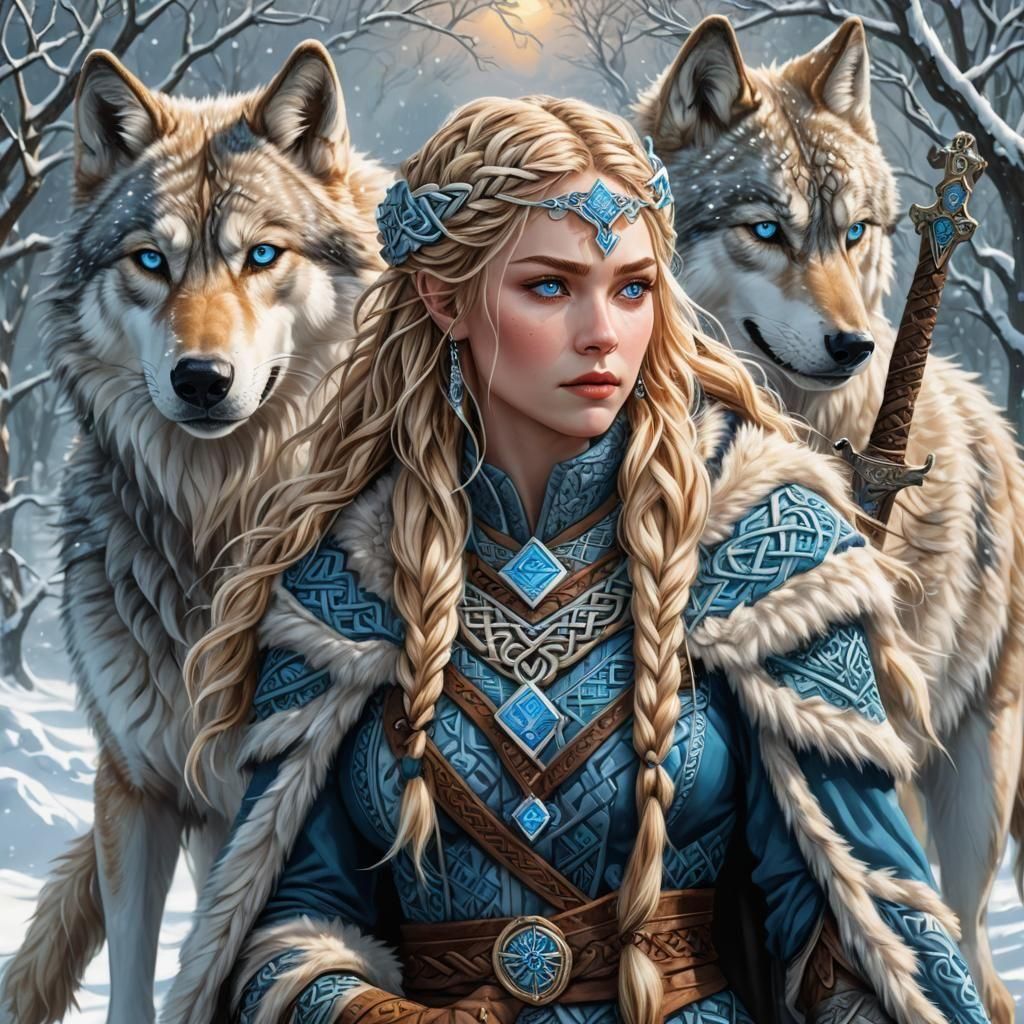 Valkyrie with Wolf in Snowy Norse Landscape